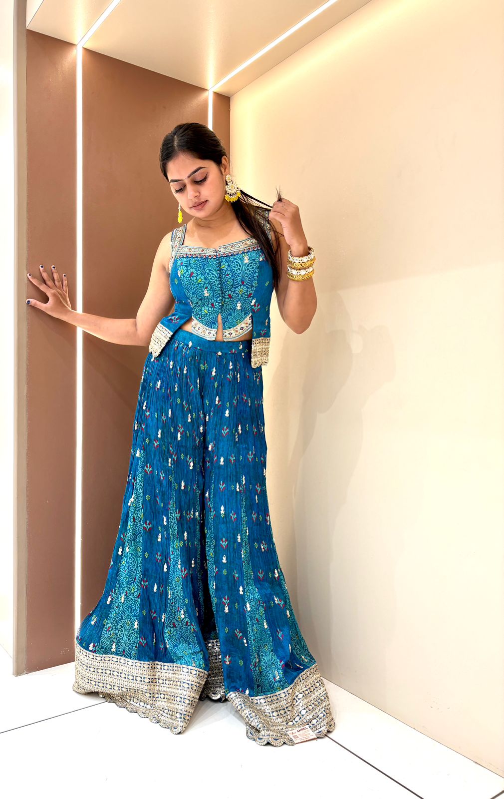 Azure Bloom Hand-Embellished Indo-Western Sharara Set